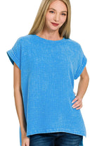 Zenana Deep Sky Woven Double Gauze Acid Washed Short Sleeve Top