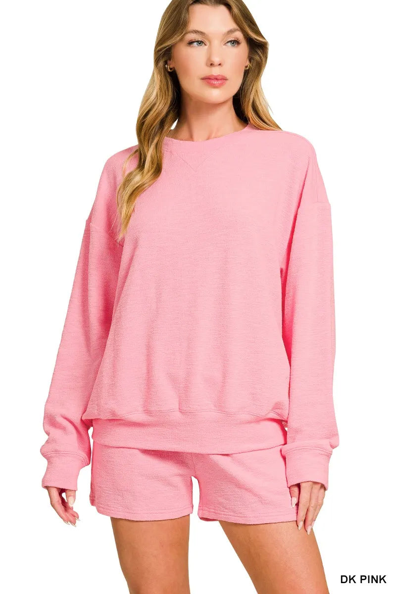 Zenana Ash Mocha Slub Long Sleeve Top and Shorts Set