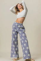 BiBi Dusty Lavender Flower Printed Side Pocket Wide Pants