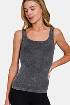 Zenana Black Stone Washed Ribbed Scoop Neck Tank Top Black