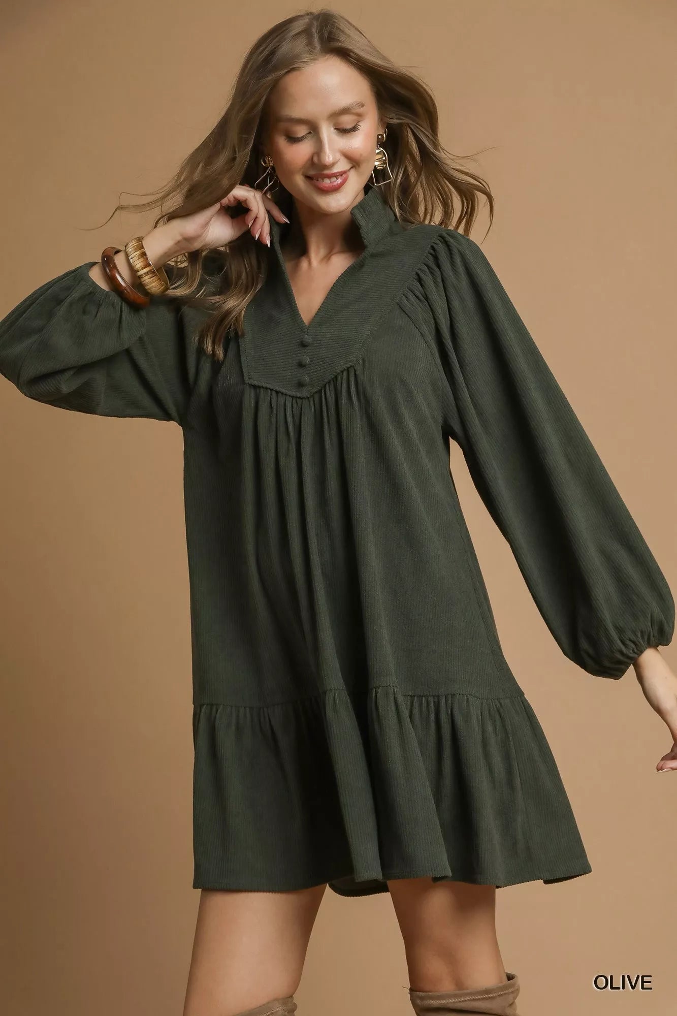 Umgee Olive Corduroy Tiered Babydoll Dress