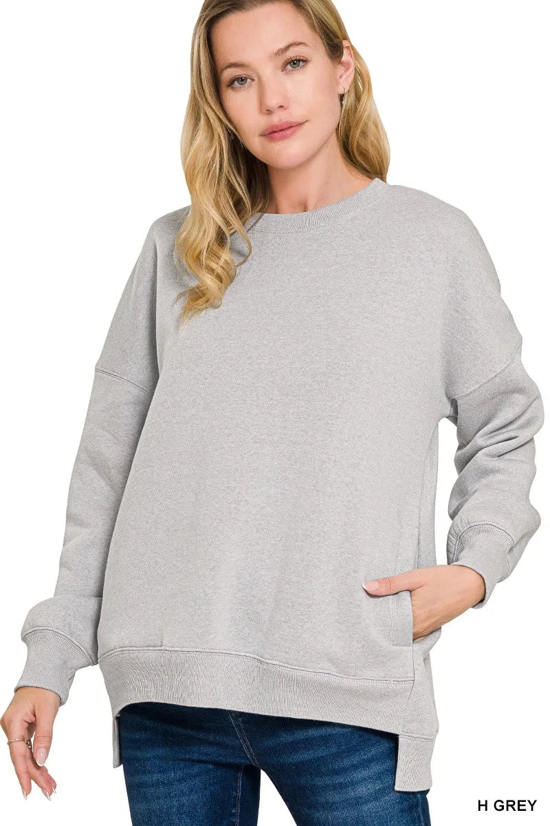 Zenana Heather Grey Fleece Hi-low Boyfriend Sweatshirts with Pockets H GREY