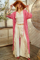 POL Hot Pink Tied Crochet 3/4 Sleeve Longline Cardigan