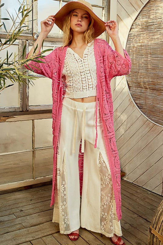 POL Hot Pink Tied Crochet 3/4 Sleeve Longline Cardigan