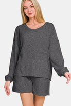 Zenana Black V-Neck Long Sleeve Ribbed Top and Shorts Set Loungewear Set