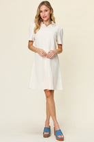 Double Take Quilted Textured Collared Neck Puff Sleeve Dress Trendsi