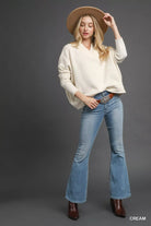 Umgee Cream V-Neck Sweater with Wide Trim Detail