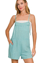Zenana Dusty Teal Washed Linen Knot Strap Romper DUSTY TEAL