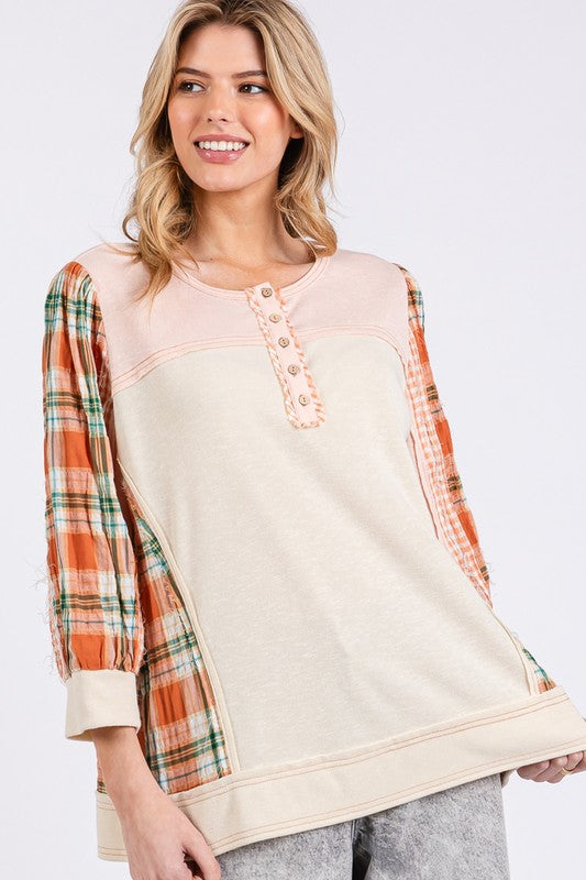 SAGE + FIG Pink Exposed Seam Button Detail Plaid Top