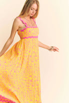 Davi & Dani Geo Two Tone Printed Wavi Trim Tiered Maxi Dress