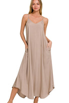 Zenana Light Mocha Woven Arc Hem Cami Dress With Flowy Pockets LT MOCHA