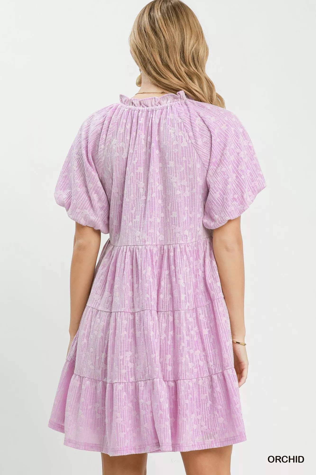 Umgee Orchid Jacquard Puff Sleeve Mini Dress