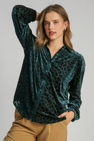 Umgee Animal Print Button Up Velvet Blouse in Hunter Green Hunter Green