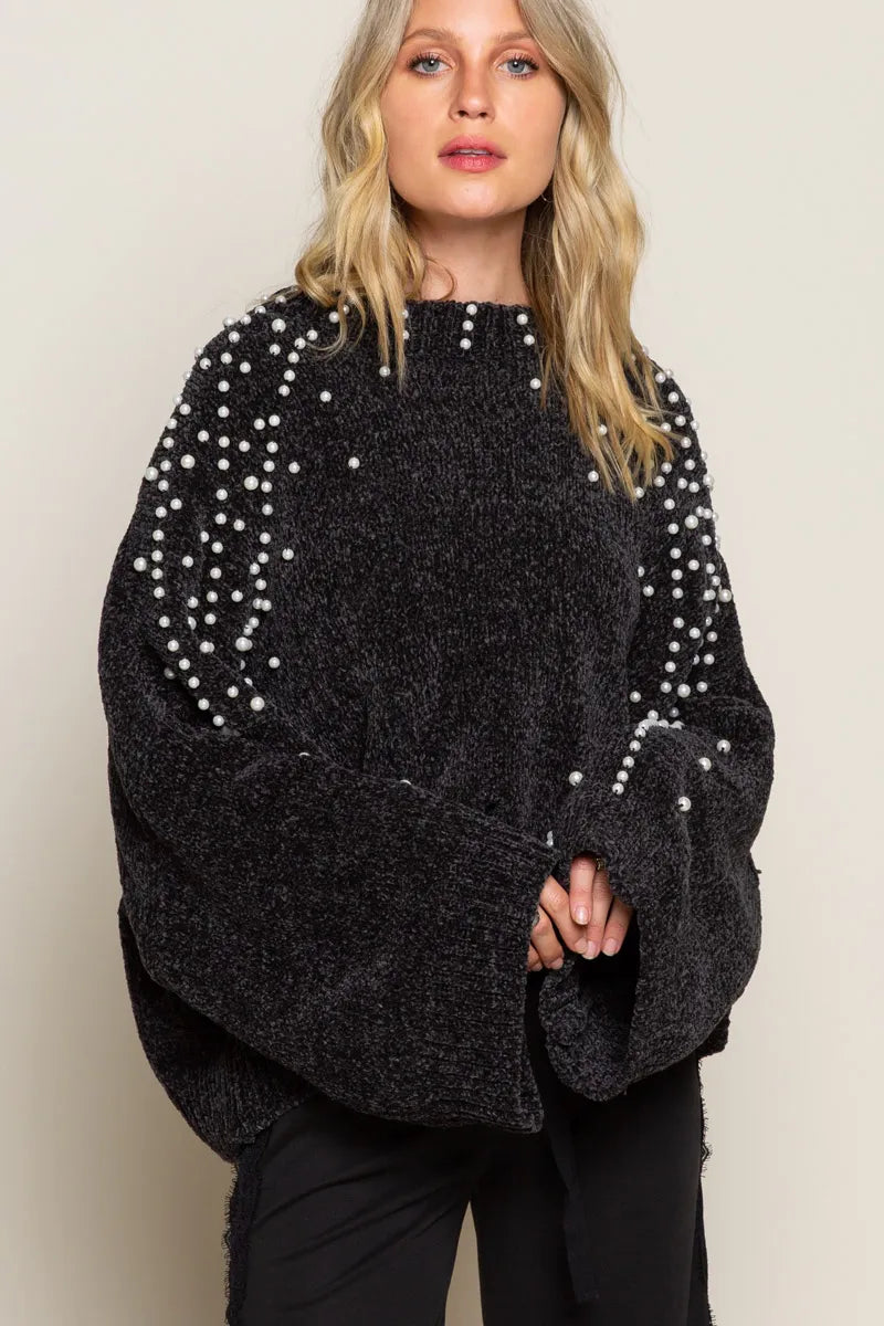 POL Black Oversized Pearl Embellished Sweater Black