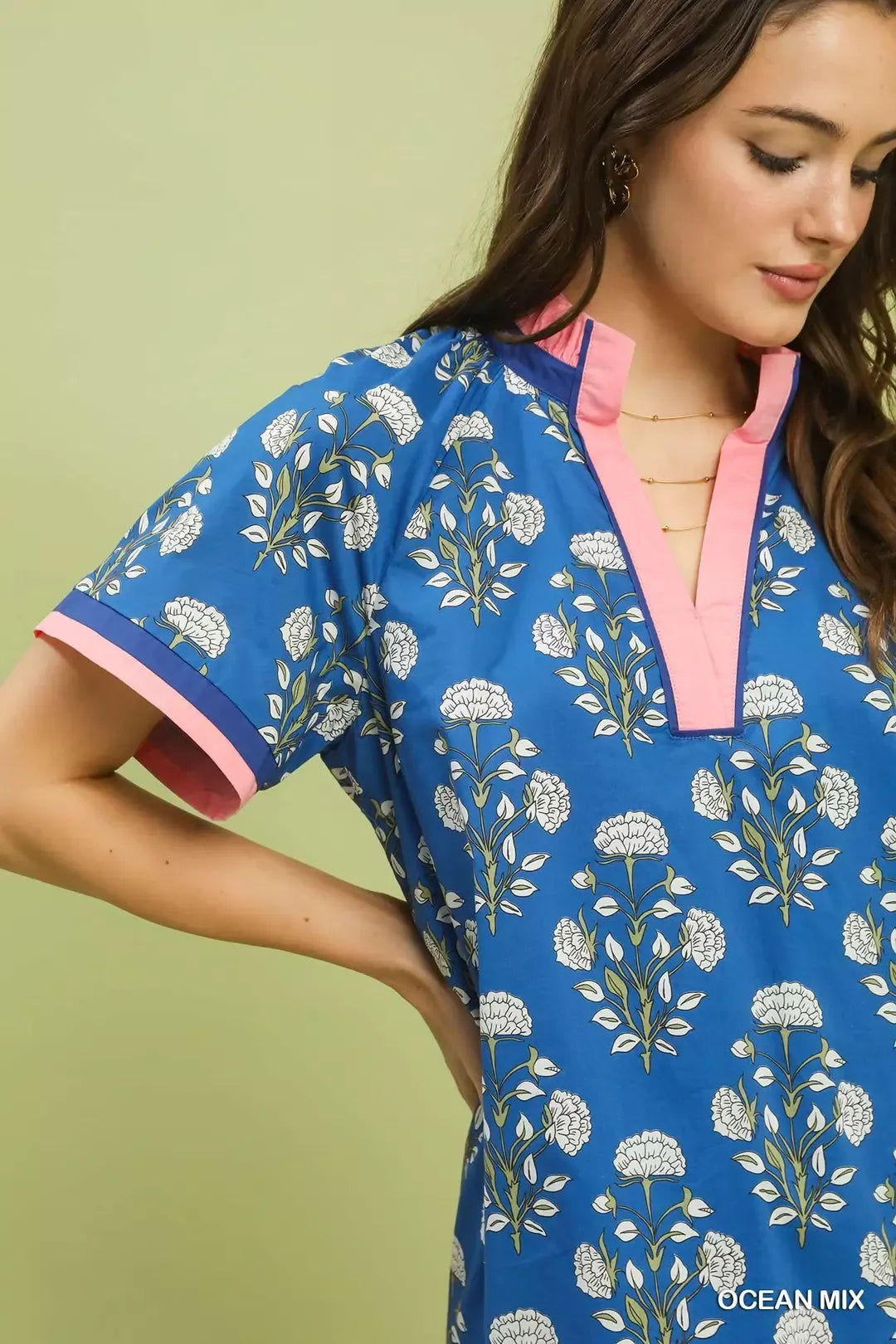 Umgee Ocean Mix Printed Split Neck Short Sleeve Shift Dress