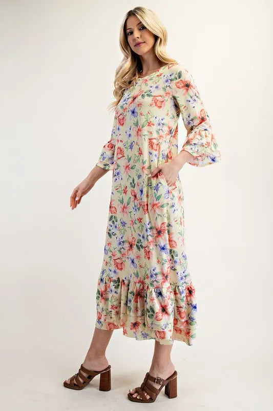 Celeste Soft Yellow Floral Ruffle Trim Dress
