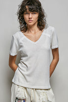 POL Off White Lace Detail V-Neck Short Sleeve Textured T-Shirt