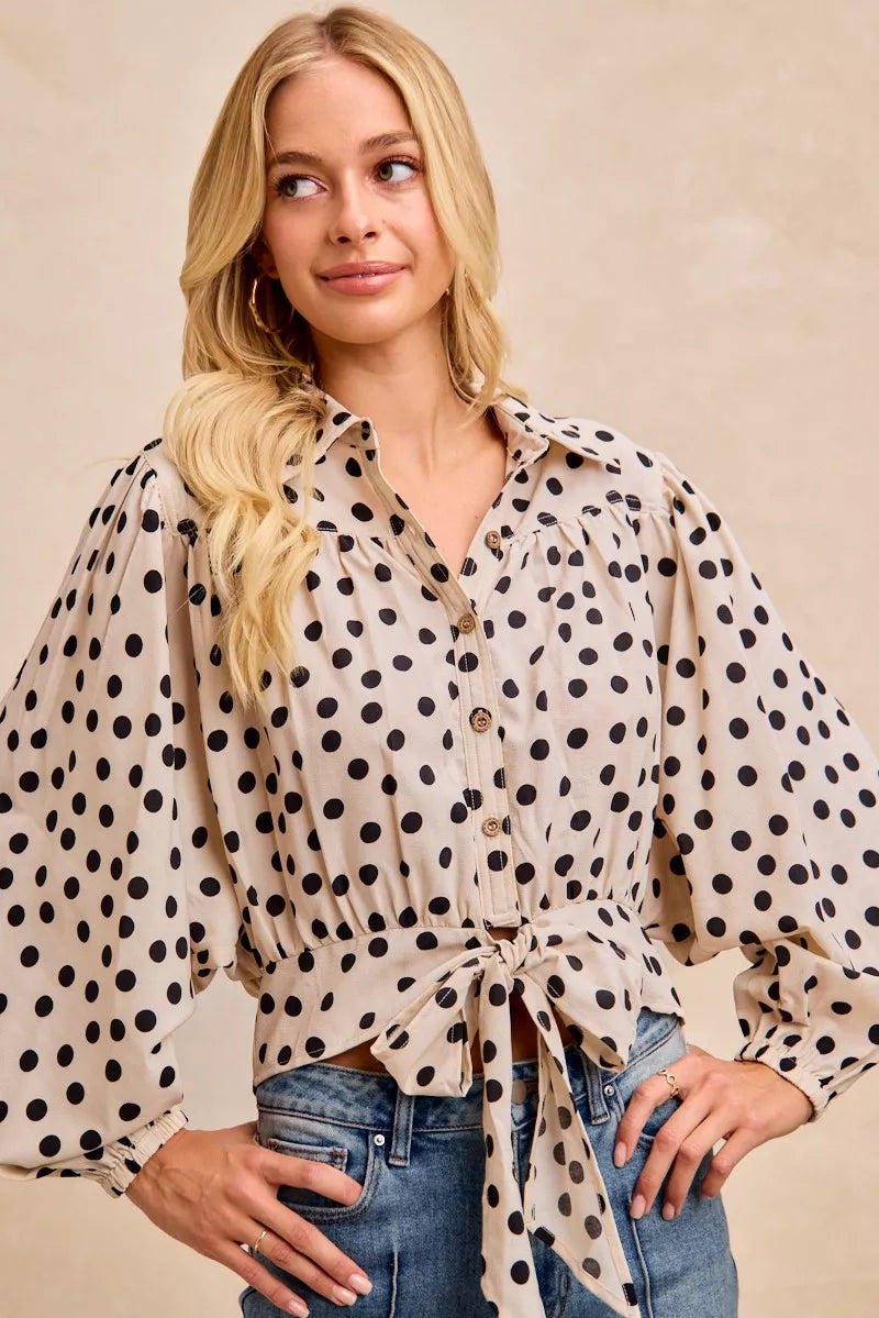 BiBi Cream & Black Polka Dot Print Tie Hem Detail Crop Shirt