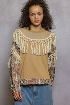 POL Mocha Cafe Contrast Floral Embroidery Balloon Sleeve Top with Tassel Trim