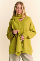 Davi & Dani V-Neck Dropped Shoulder Sweater with Scarf Chartreuse