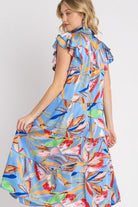 Umgee Periwinkle Leaf Print Double Layered Ruffle Sleeve Tiered Midi Dress