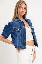 RISEN Dark Washed Puffed Short Sleeve Crop Denim Jacket