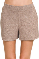 Zenana Brown Soft Melange Hacci Elastic Waisted Shorts BROWN