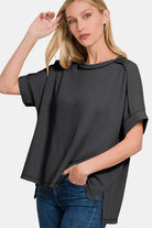 Zenana Charcoal Ribbed Exposed Seam High-Low T-Shirt Trendsi