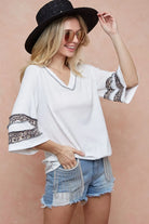 BiBi Triblend Knit Top with Leopard Band Detail IVORY