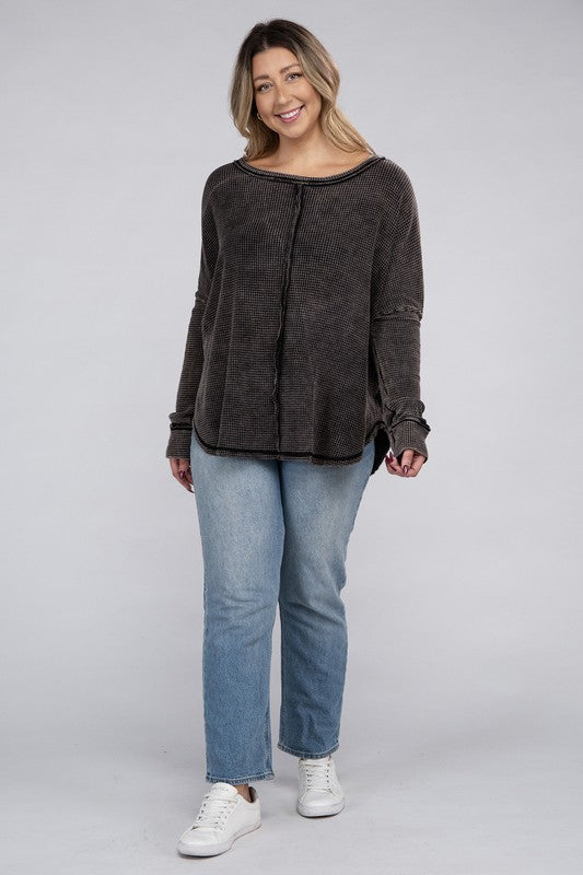 Zenana Plus Size Washed Baby Waffle Oversized Long Sleeve Top ZENANA