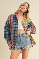 Aemi + Co Frayed Hem Color Block Plaid Drop Shoulder Long Sleeve