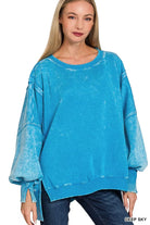 Zenana Deep Sky Acid Washed Batwing Sleeve Fleece Sweatshirt DEEP SKY