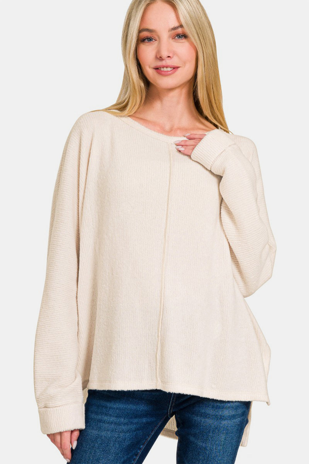 Zenana Sand Beige Brushed High-Low Side Slit Dolman Sleeve Top Shirts & Tops