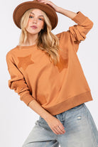 SAGE + FIG Star Patch Long Sleeve Sweatshirt Cinnamon Shirts & Tops