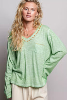 POL V-Neck Contrast Stitch Lightweight Knit Long Sleeve Top