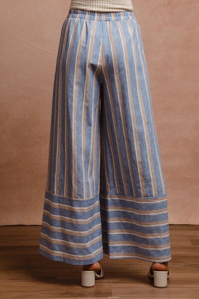 BiBi Denim Combo Striped Wide Leg Pants with Pockets