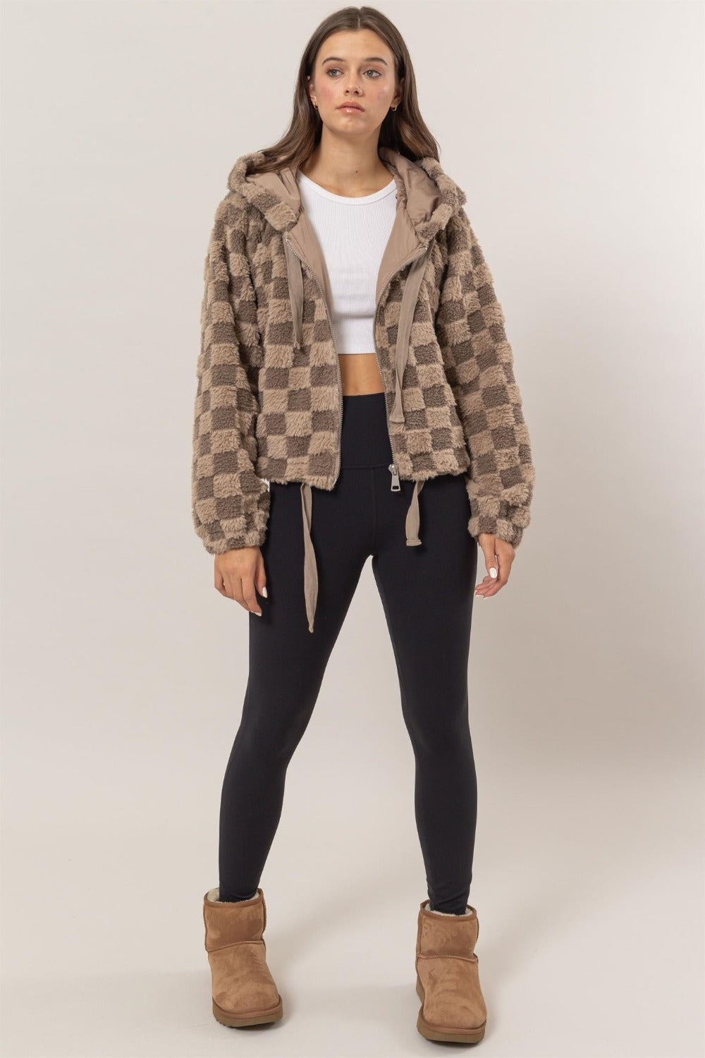 HYFVE Mocha Zip Up Sherpa Checkered Hooded Jacket Trendsi