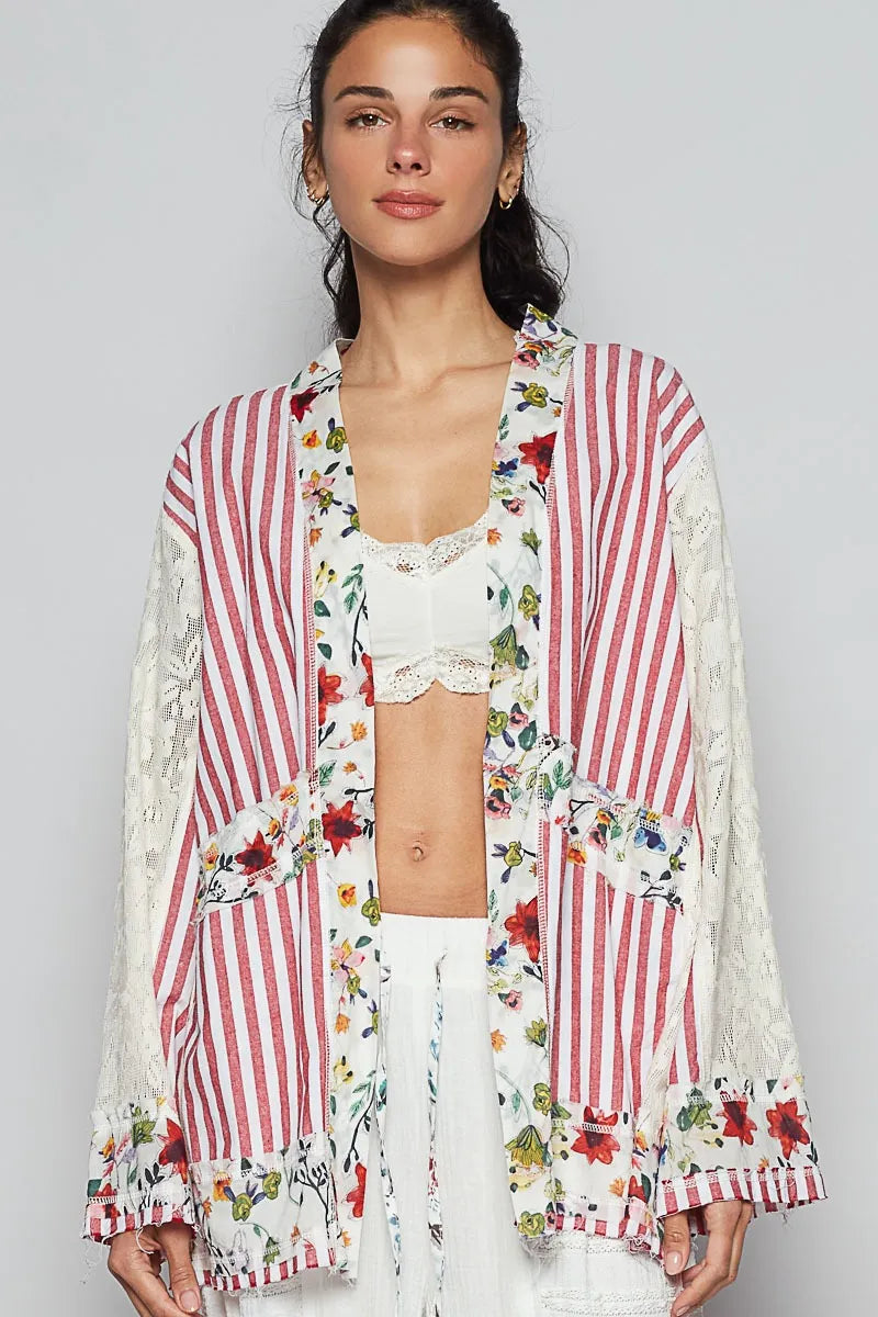 POL Red Multi Lace Long Sleeve Striped Cardigan with Contrast Floral Detail Scarlet
