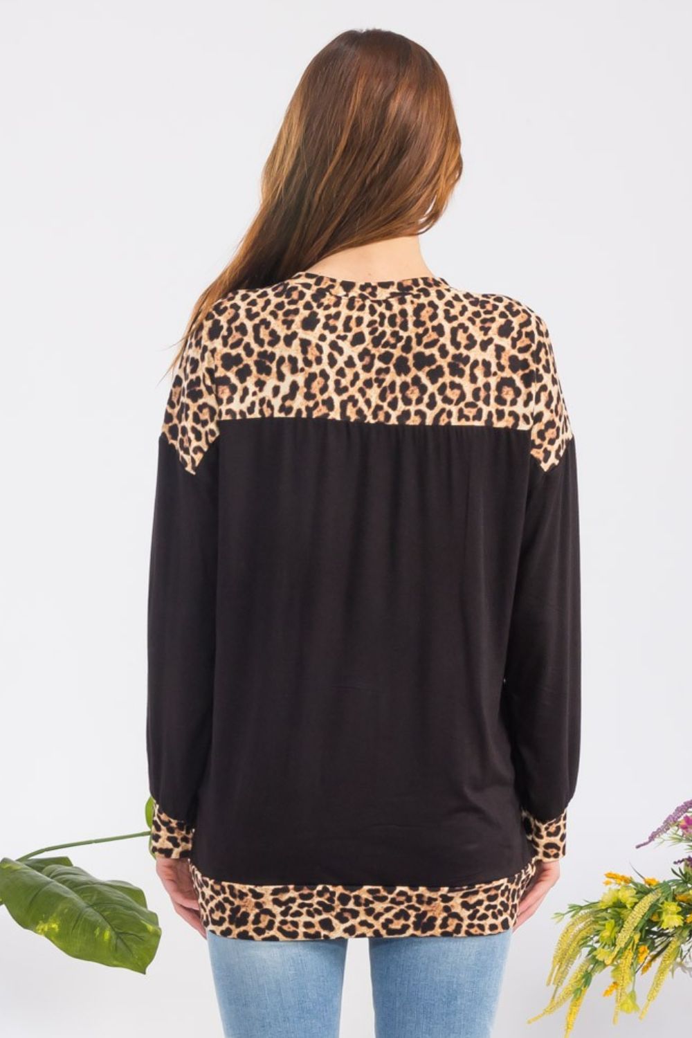 Celeste Black & Leopard Round Neck Dropped Shoulder Top Shirts & Tops