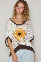 POL Ivory & Brown Hollow Out Flower Half Sleeve Knit Cover Up