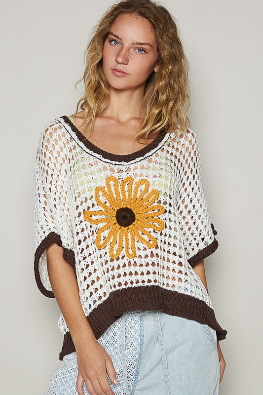 POL Ivory & Brown Hollow Out Flower Half Sleeve Knit Cover Up