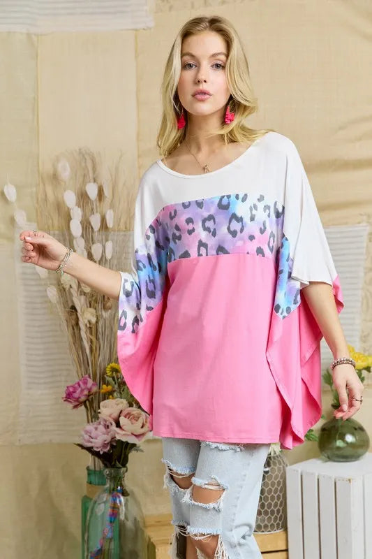 ADORA Candy Pink Colorblock Poncho Style Tunic Top