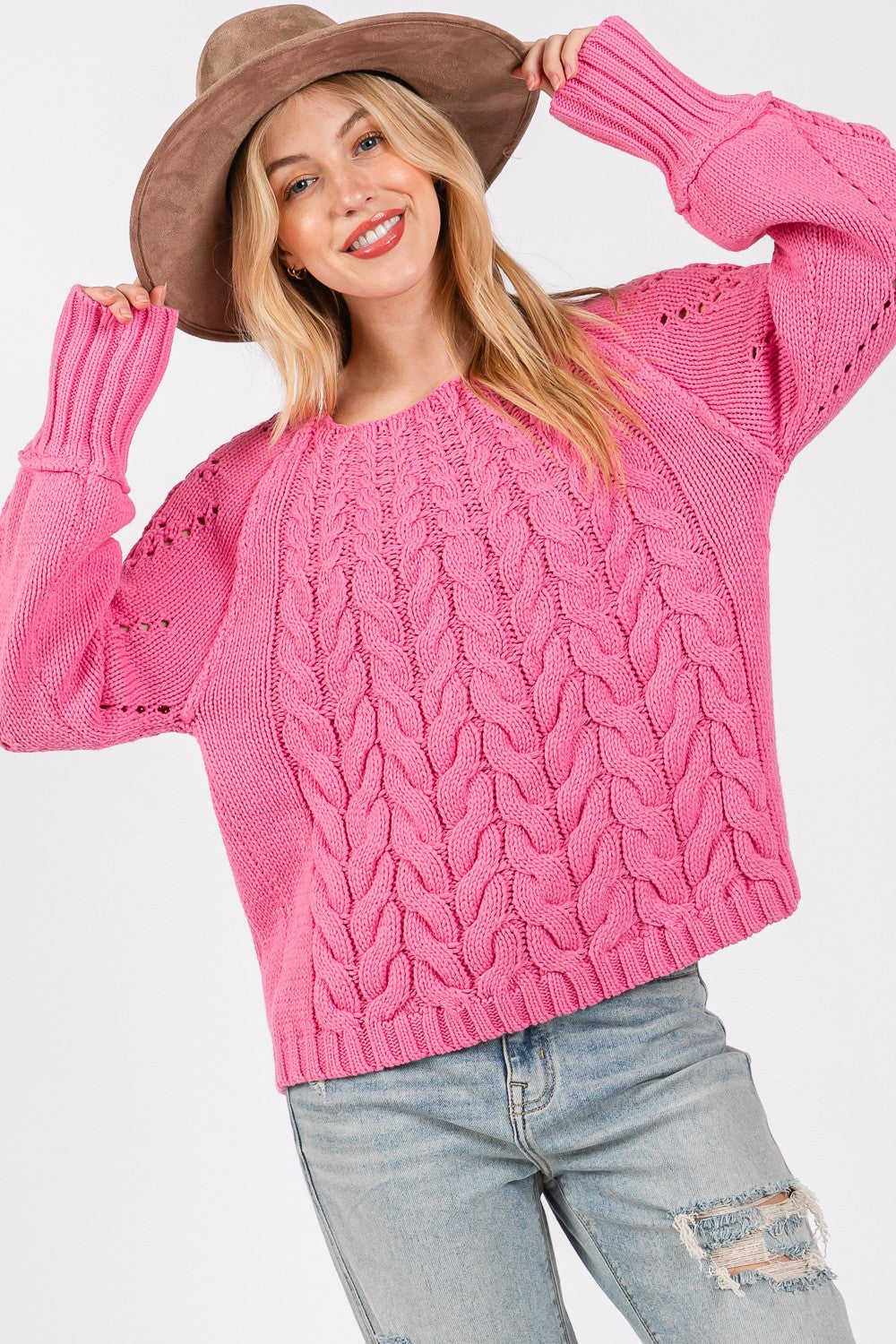 SAGE + FIG Deep Pink Cable-Knit Long Sleeve Sweater Trendsi