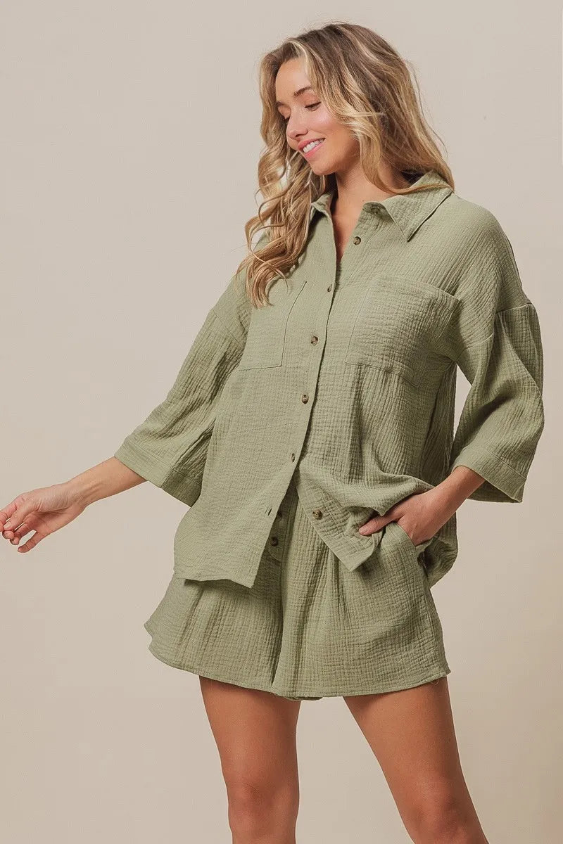 BiBi Sage Crinkle Gauze Shirt and Short Set