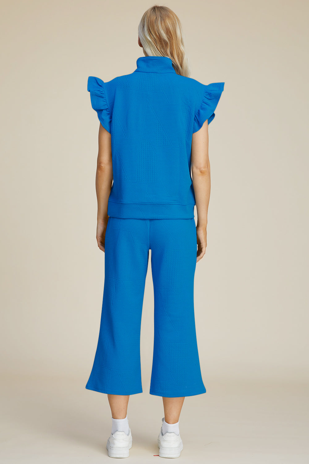 Double Take Geometric Textured Ruffle Short Sleeve Top and Wide Leg Pants Set Trendsi