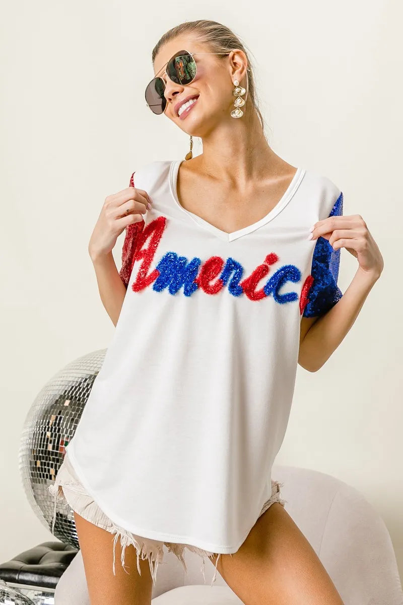 BiBi Metallic Letter America V-neck Sequin Sleeves Top