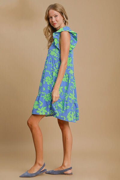 Umgee Floral Print Ruffle Cap Sleeve Tiered Dress e