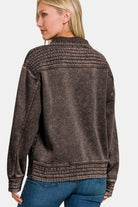 Zenana Ash Black Acid Washed Half Snap Fleece Sweatshirt