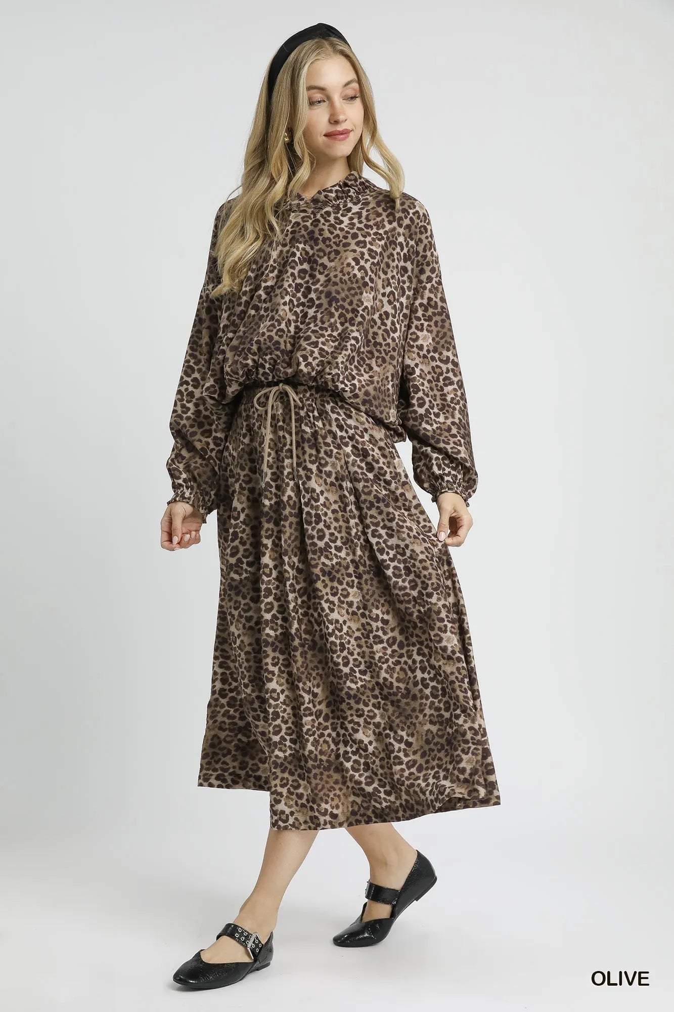 Umgee Olive Drawstring Leopard Midi Skirt