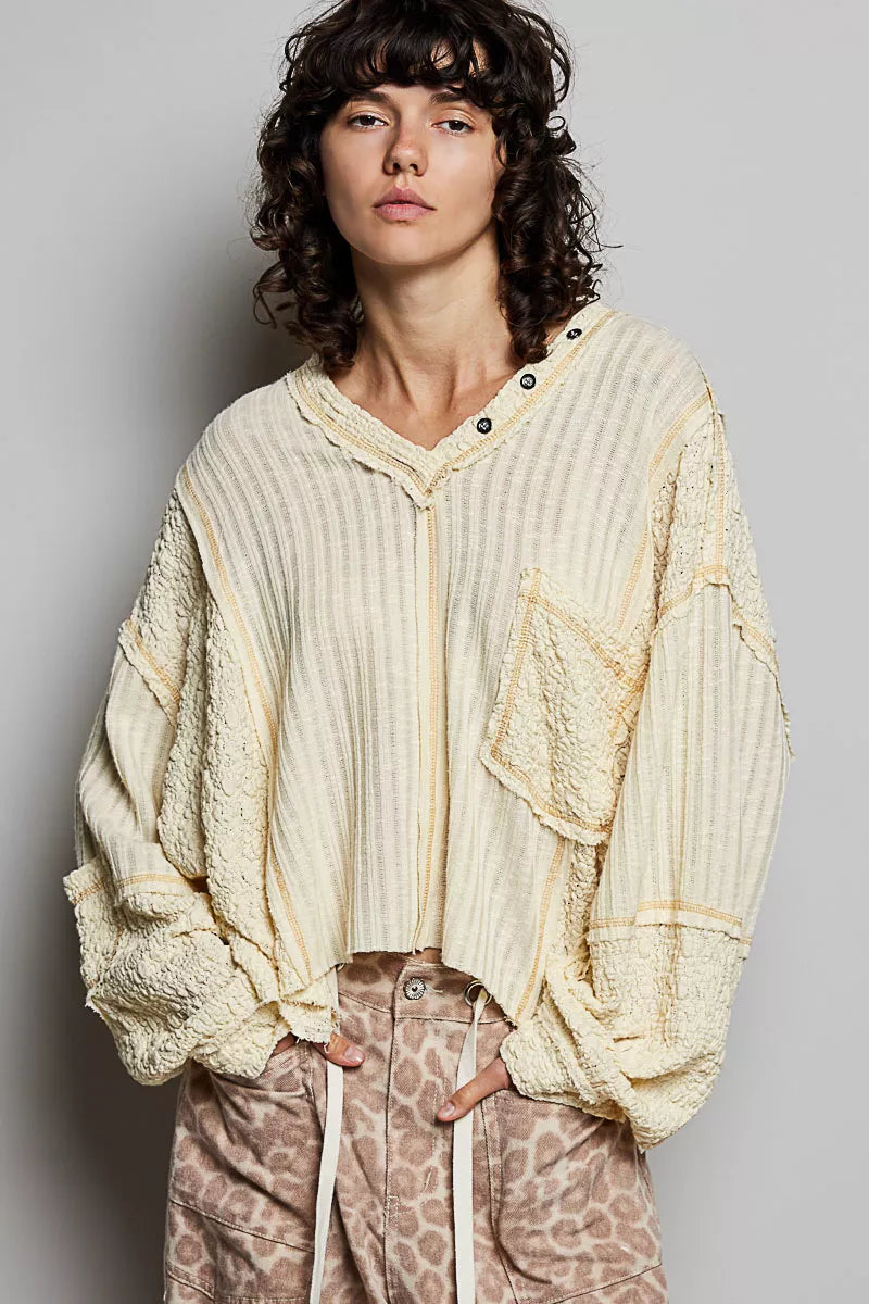 POL Natural V-Neck Long Sleeve Top with Stitch Detail NATURAL